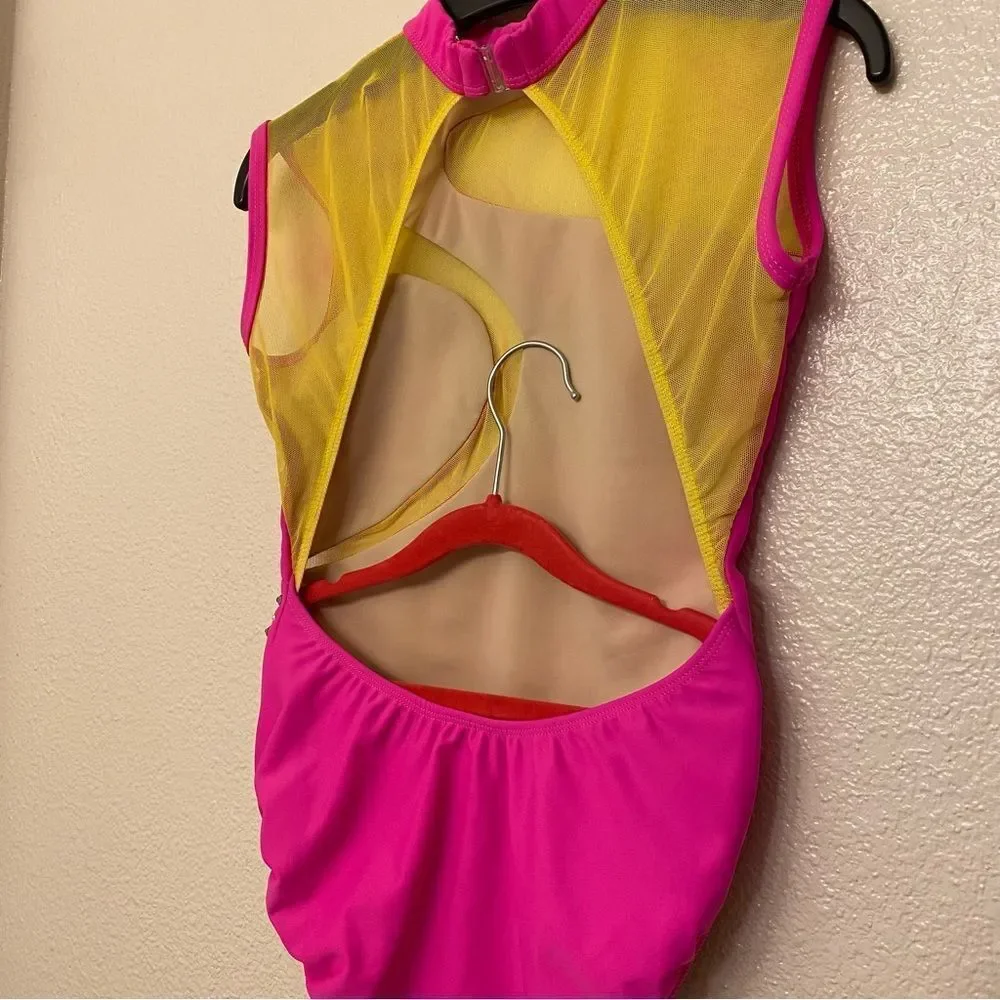 LA dance custom Solo neon pink yellow mesh cutout leotard illusion bling XSA